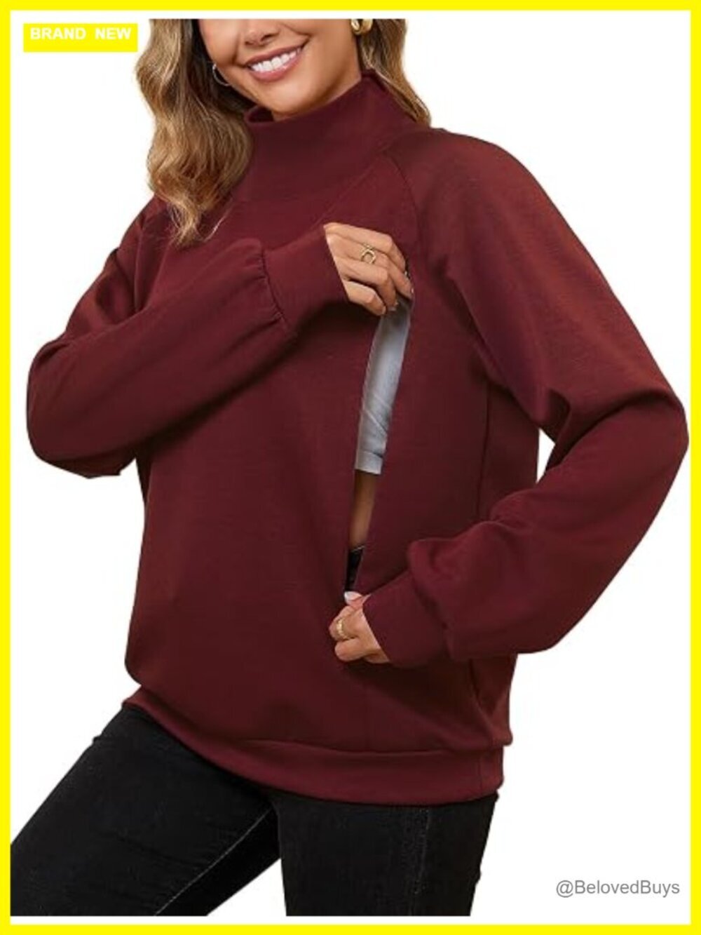 Nursing Sweatshirt High Neck Long Sleeve Zipper Maternity Pumping Pullover